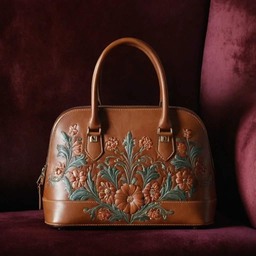 detailed photo of brown leather floral bag