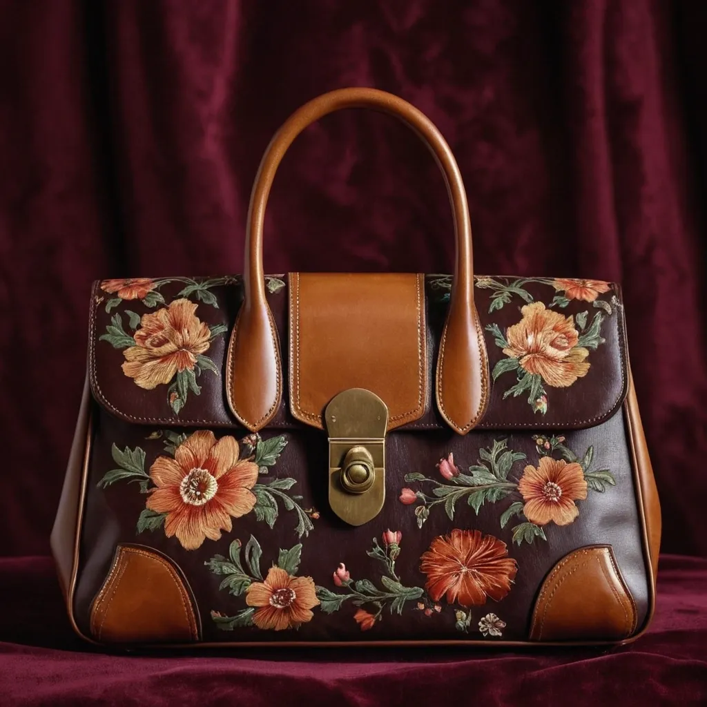 detailed photo of brown leather floral bag