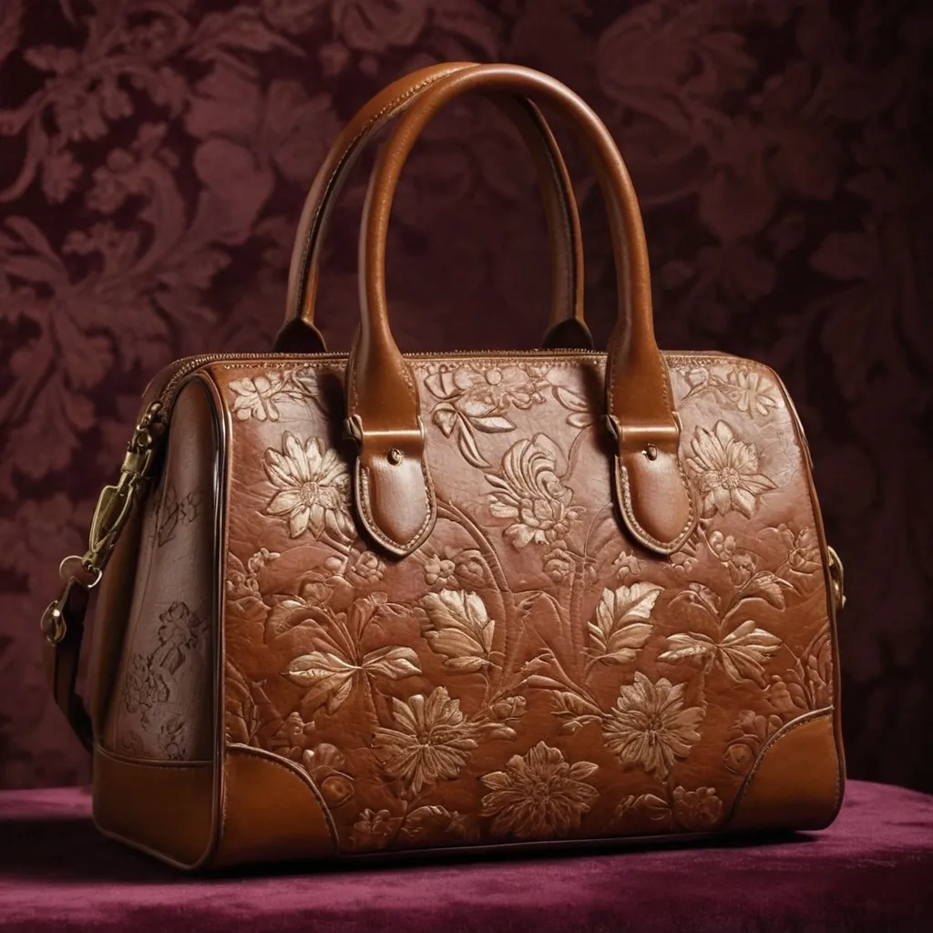 detailed photo of brown leather floral bag