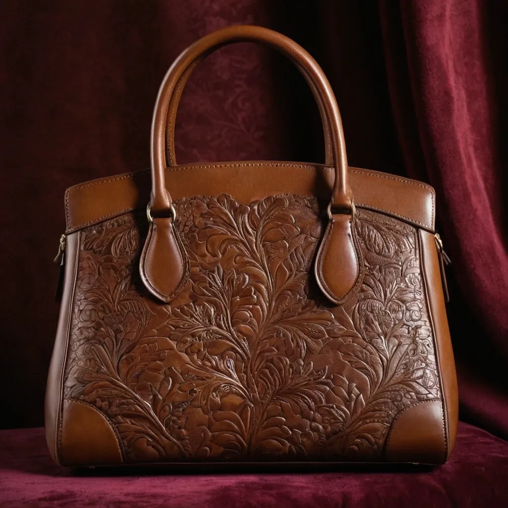 detailed photo of brown leather floral bag