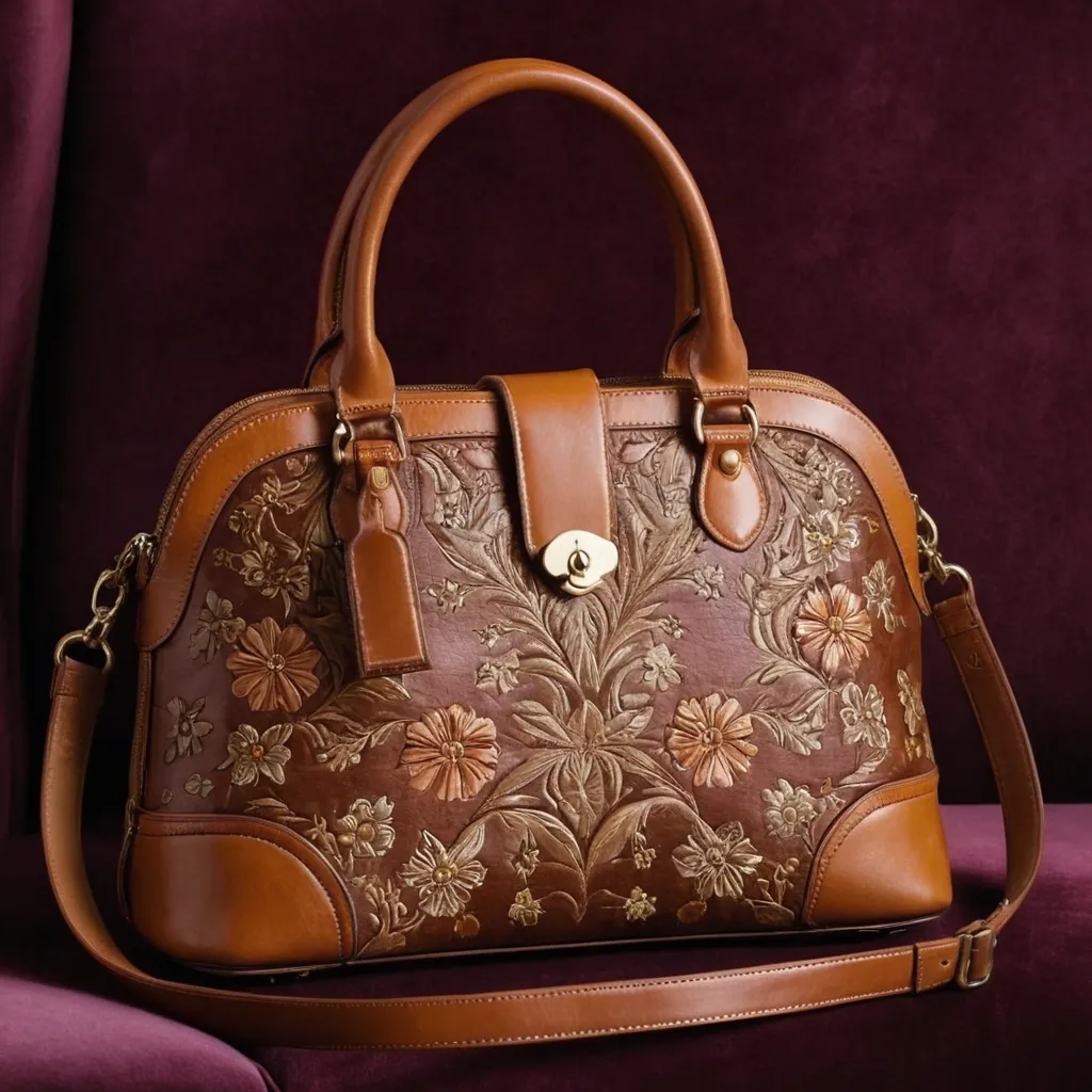 detailed photo of brown leather floral bag