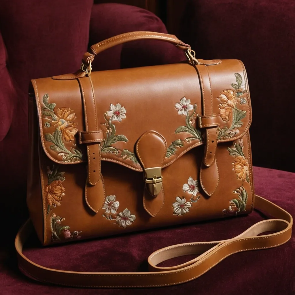 detailed photo of brown leather floral bag