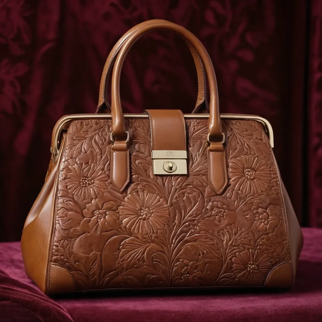 detailed photo of brown leather floral bag