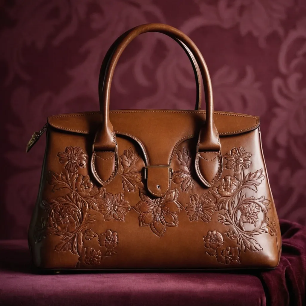 detailed photo of brown leather floral bag