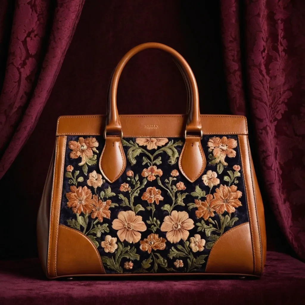 detailed photo of brown leather floral bag