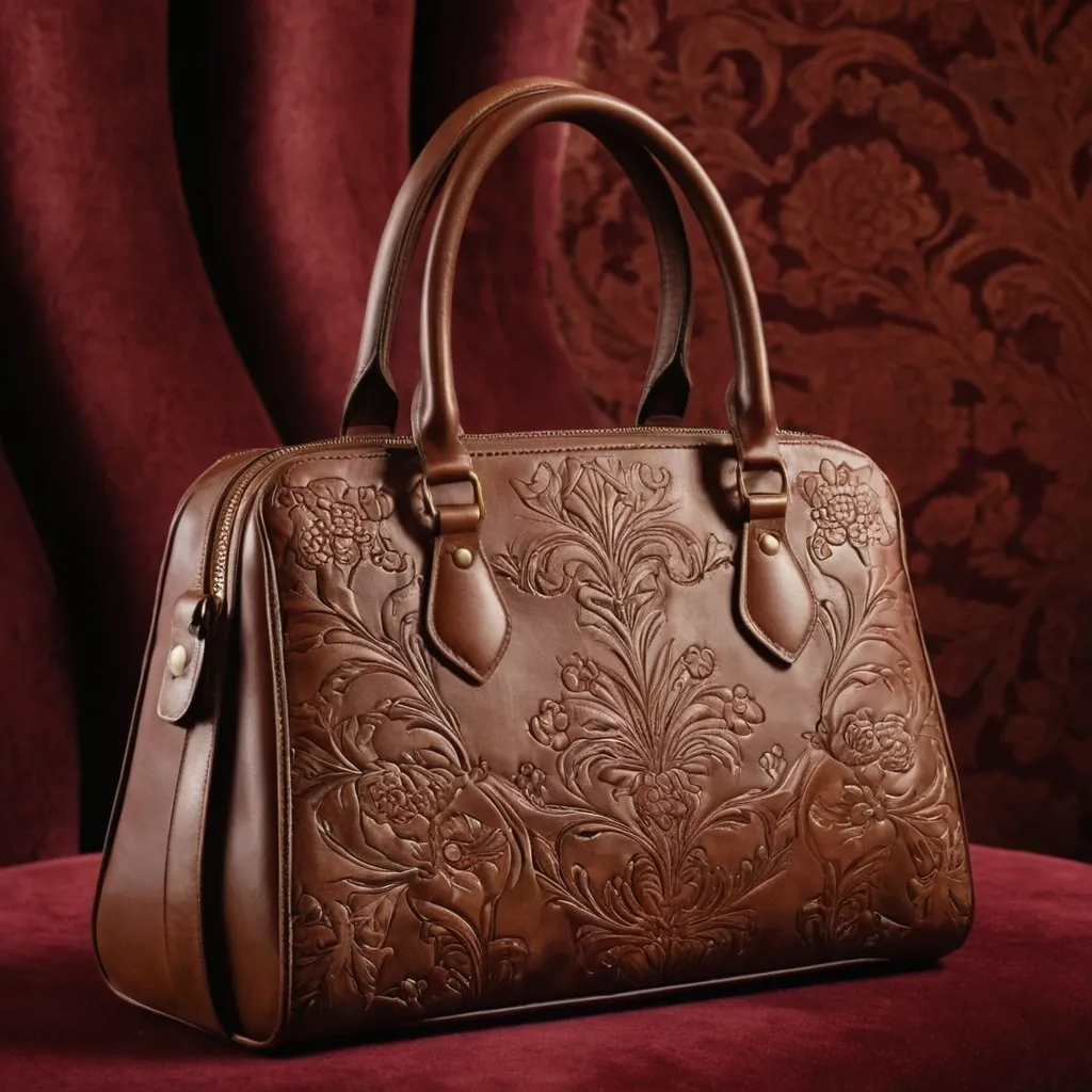 detailed photo of brown leather floral bag
