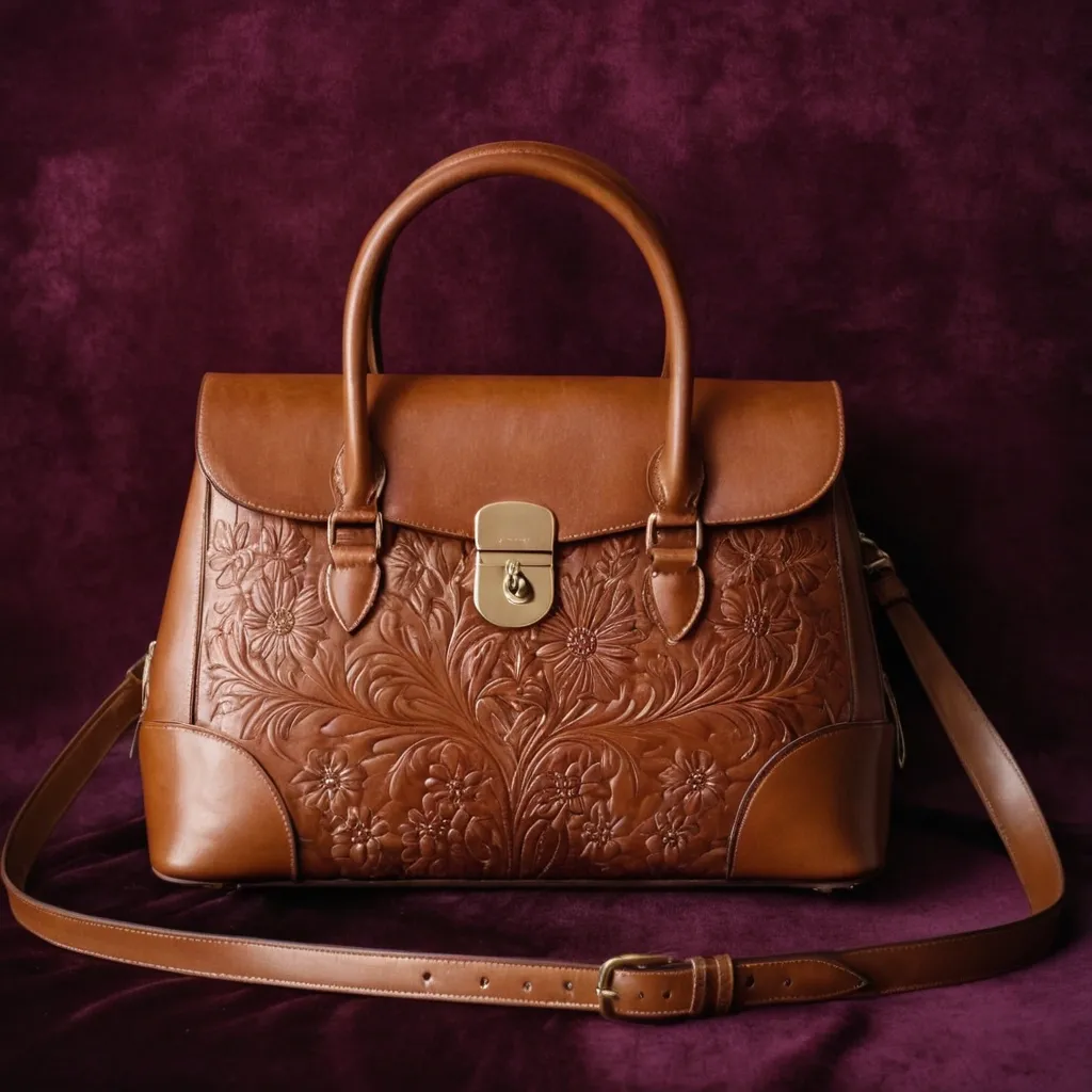 detailed photo of brown leather floral bag