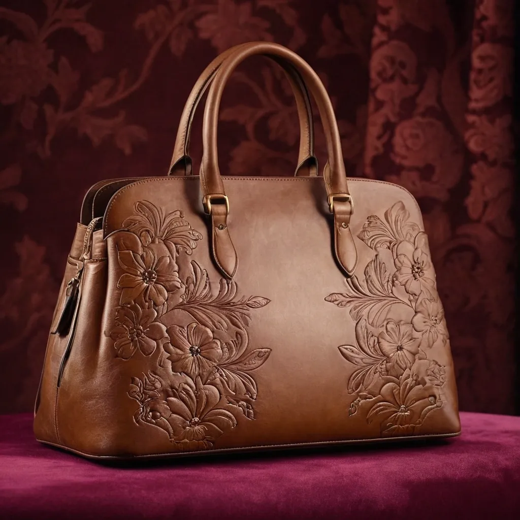 detailed photo of brown leather floral bag