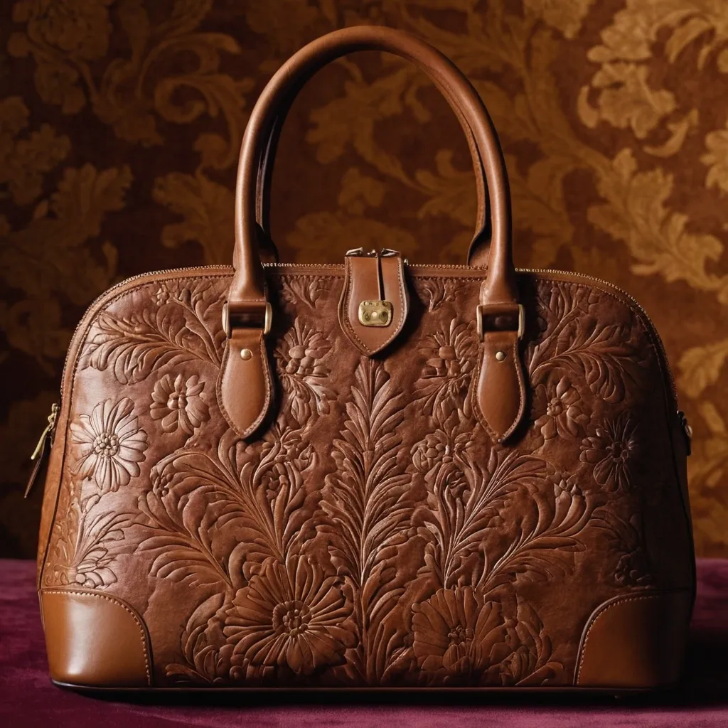 detailed photo of brown leather floral bag