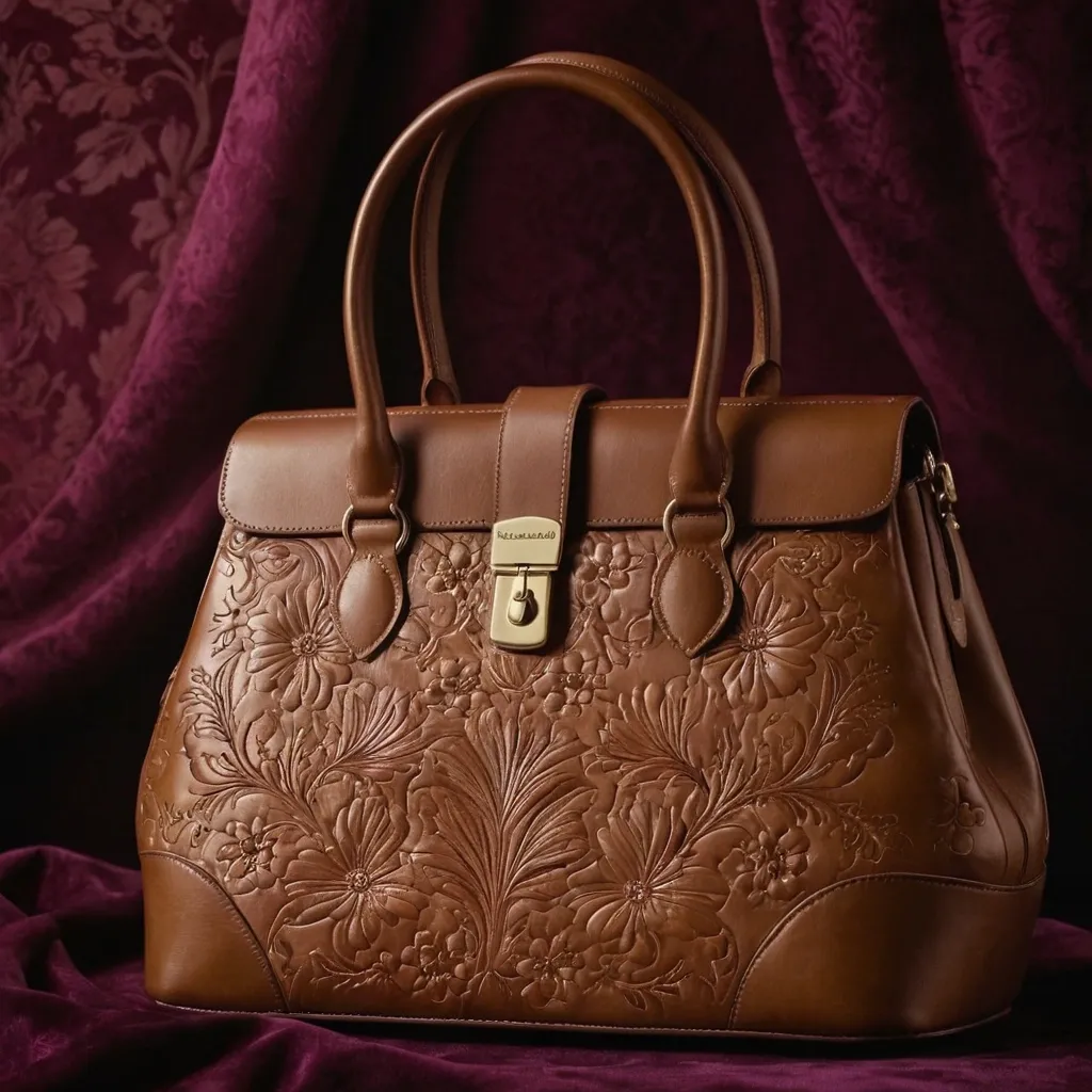 detailed photo of brown leather floral bag