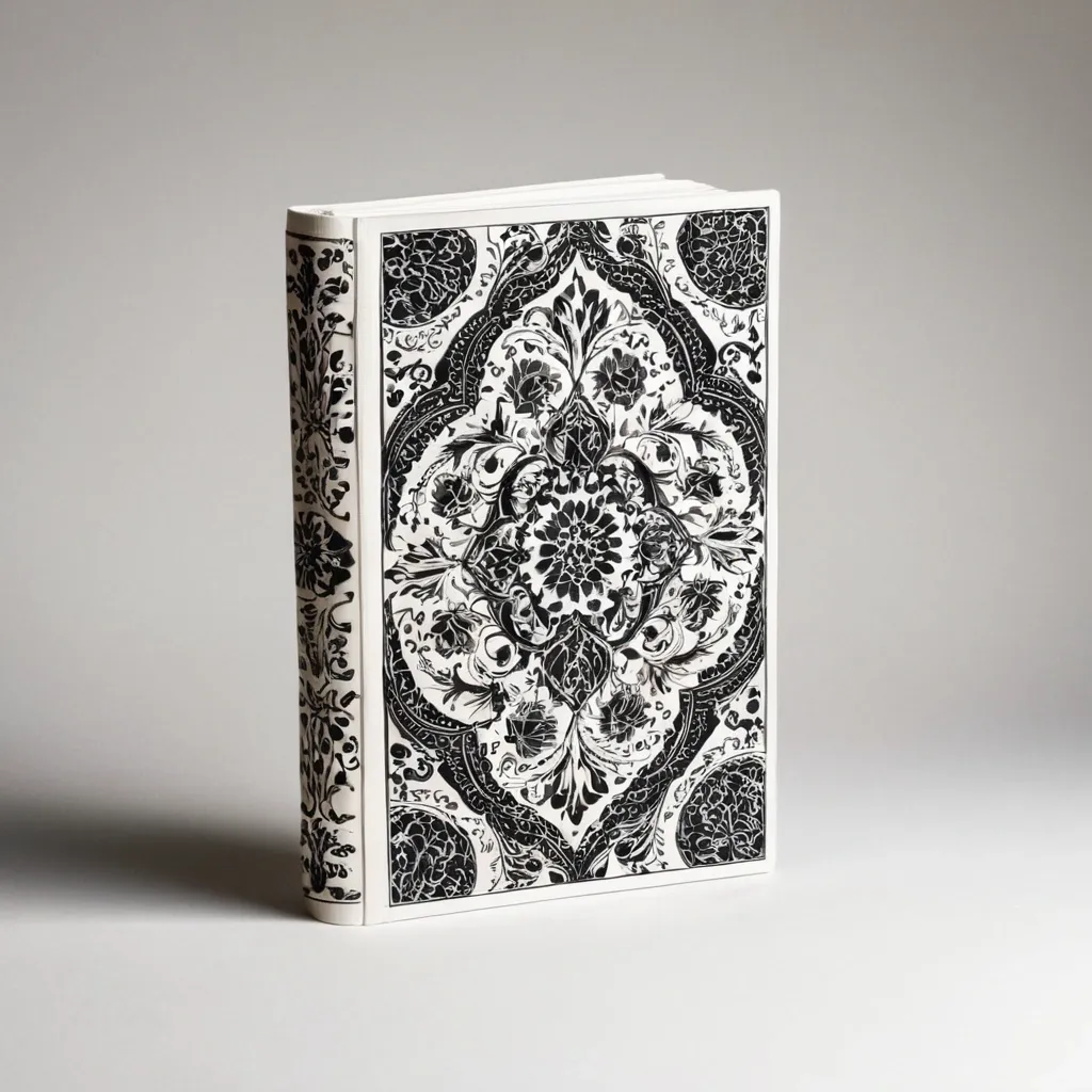 detailed photo of white book with black floral pattern