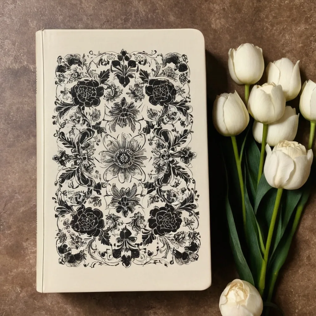 detailed photo of white book with black floral pattern