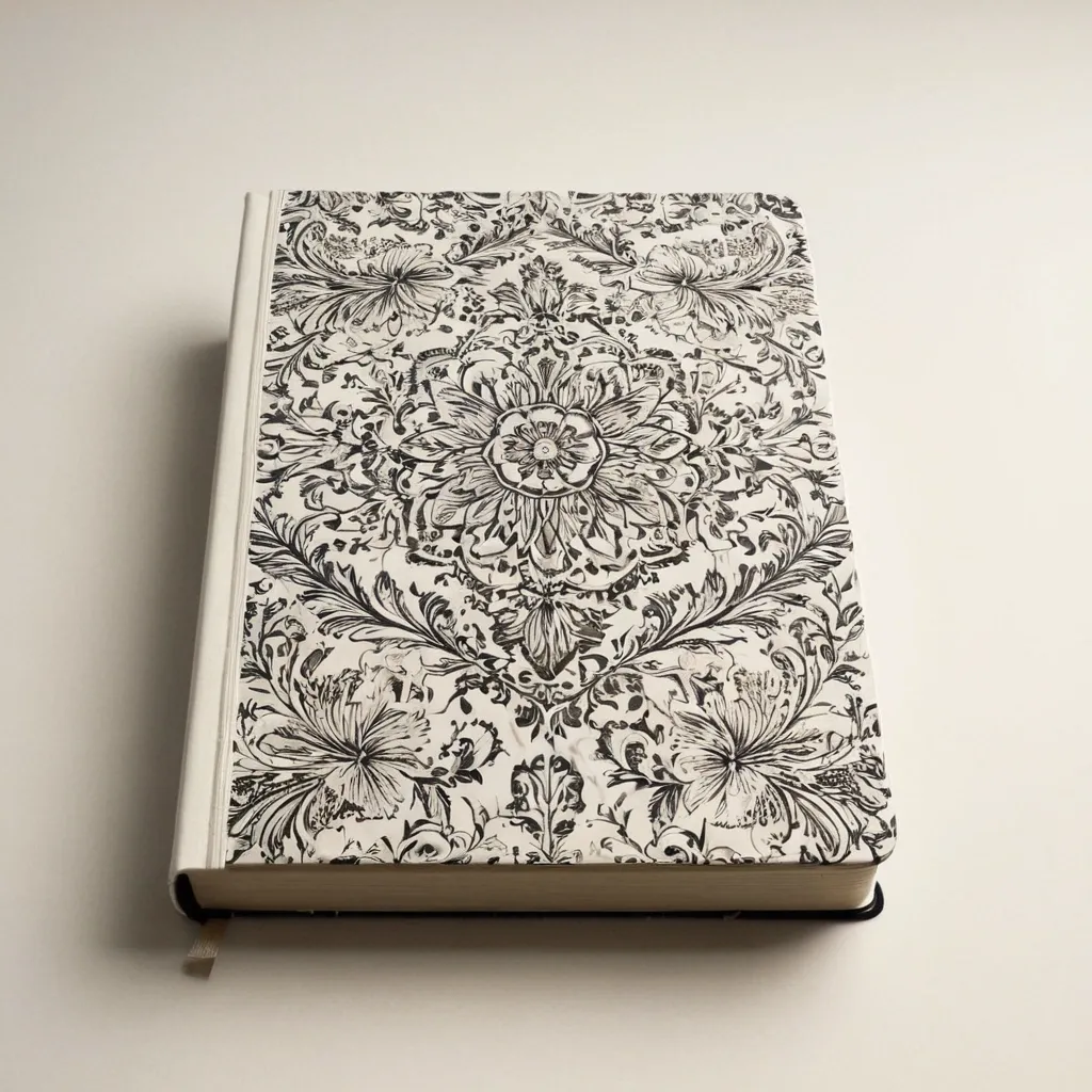 detailed photo of white book with black floral pattern