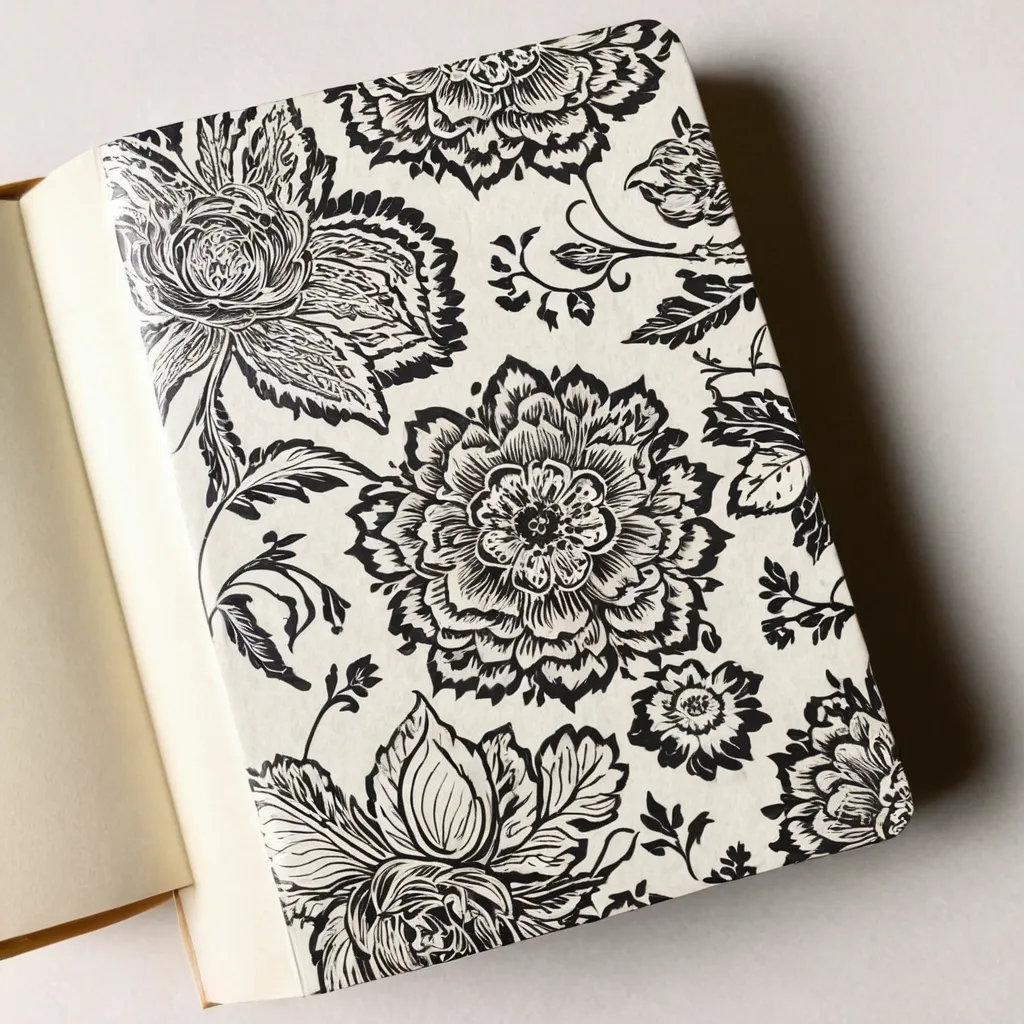 detailed photo of white book with black floral pattern