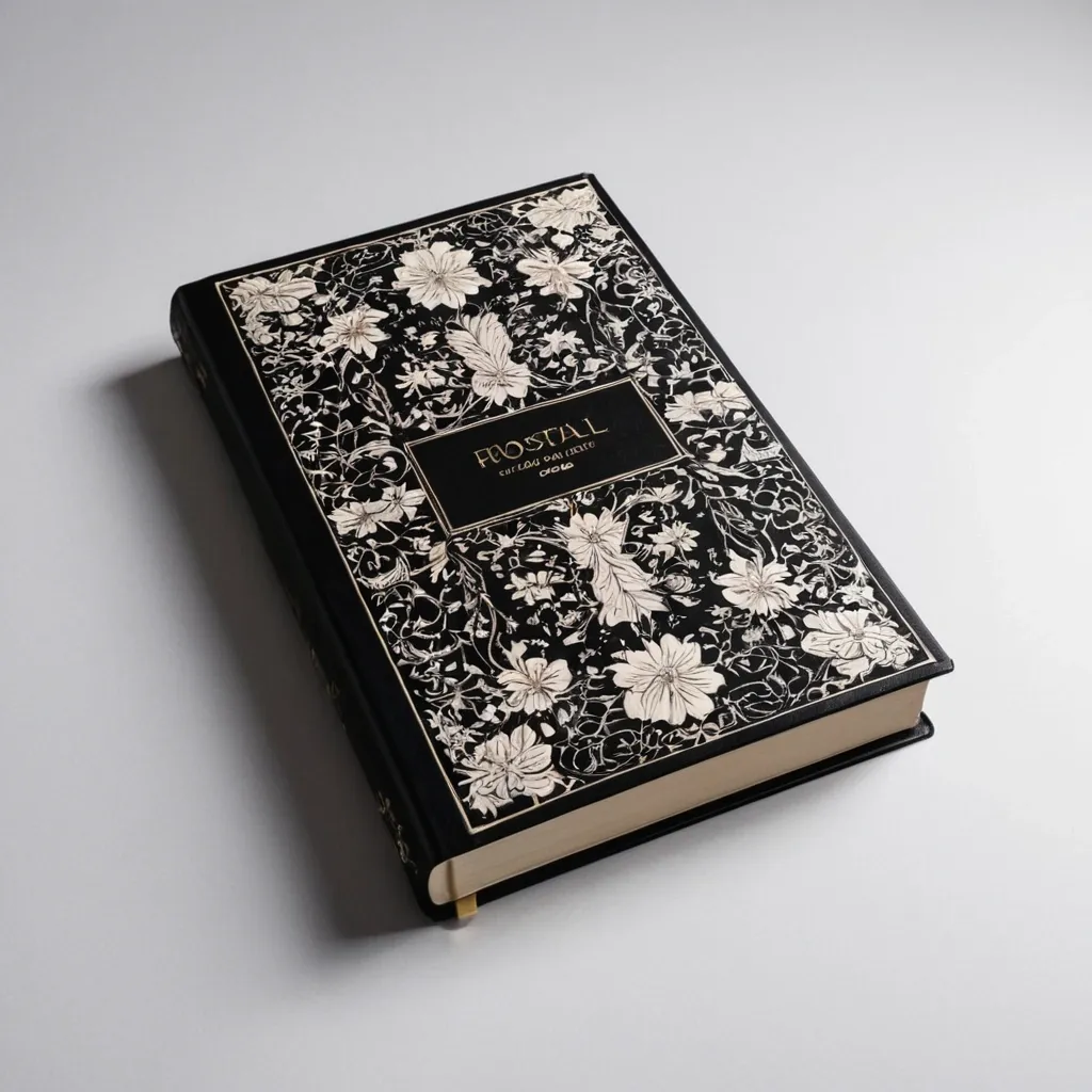detailed photo of white book with black floral pattern