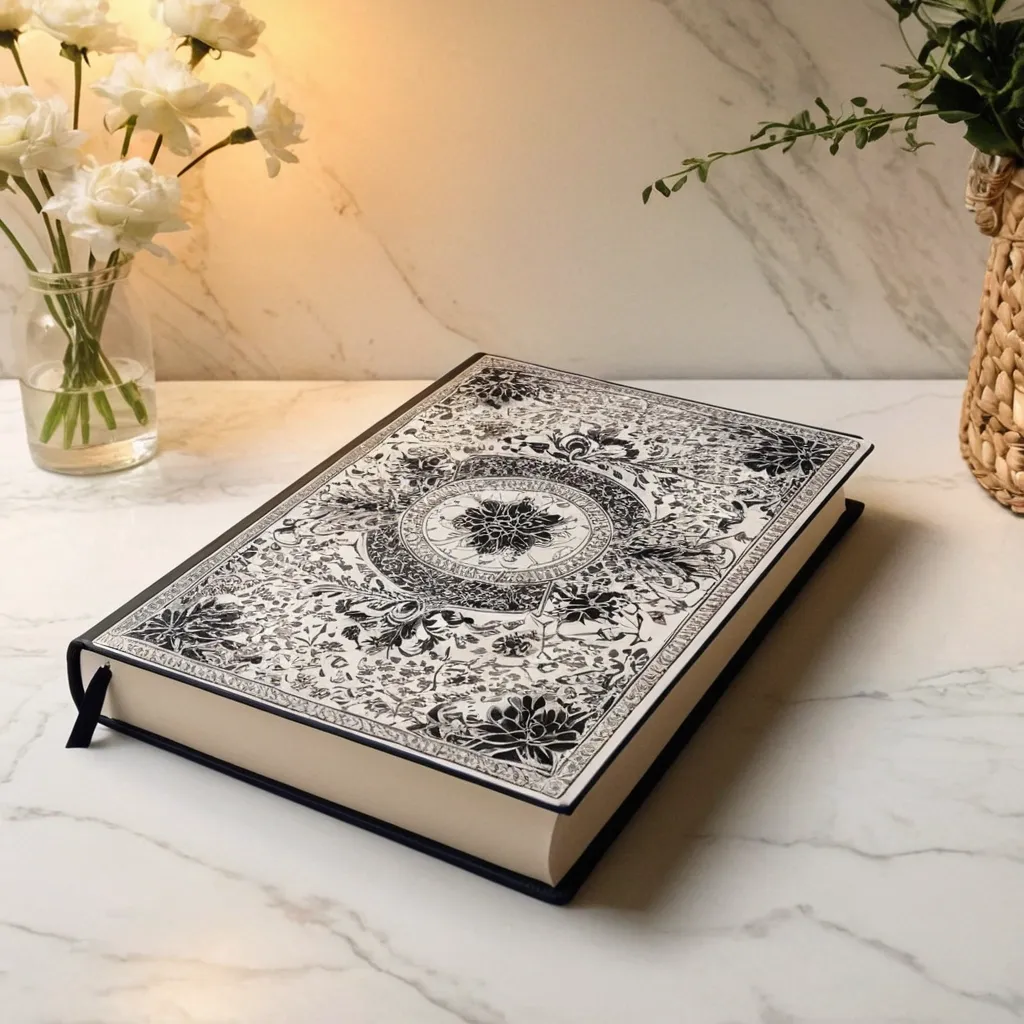 detailed photo of white book with black floral pattern