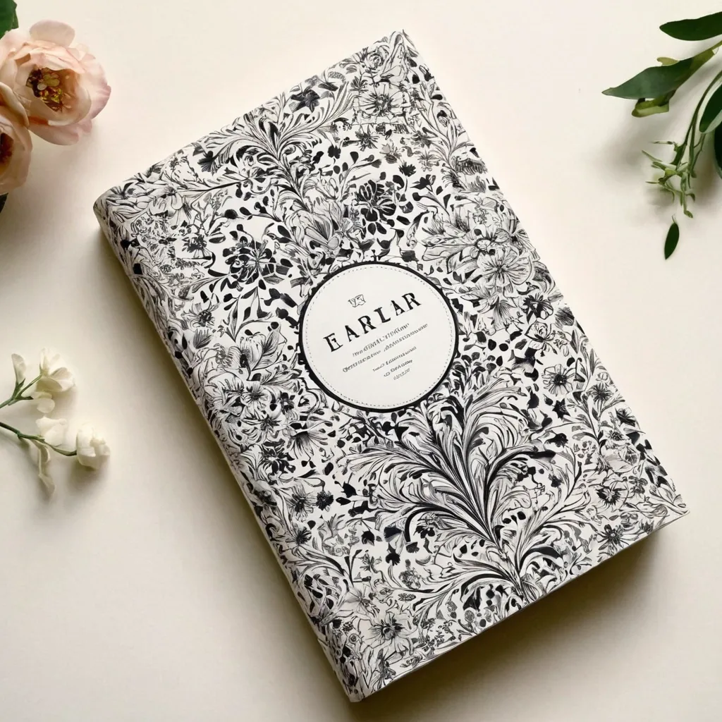 detailed photo of white book with black floral pattern