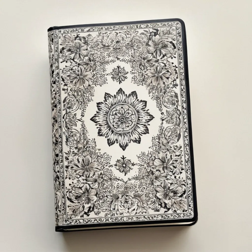 detailed photo of white book with black floral pattern
