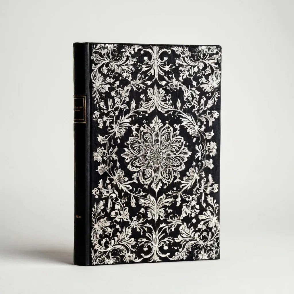 detailed photo of white book with black floral pattern