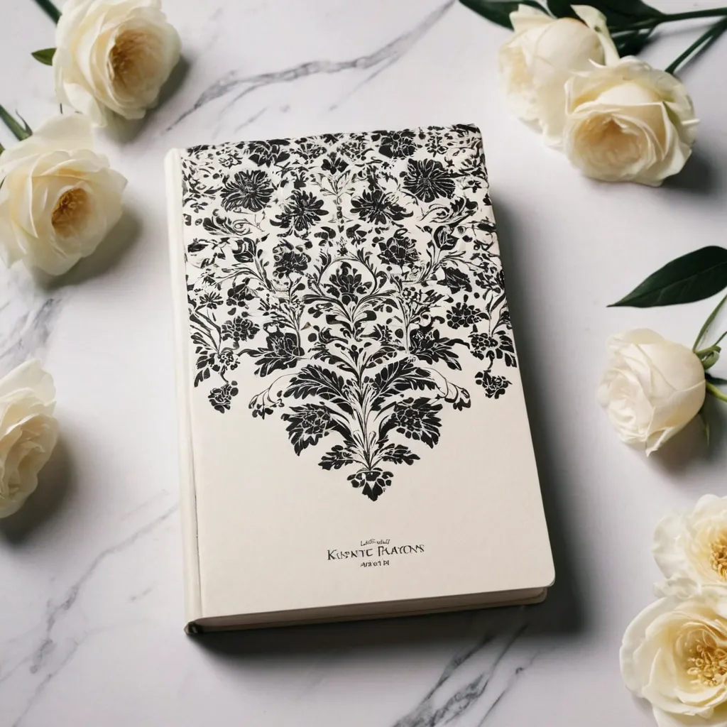 detailed photo of white book with black floral pattern