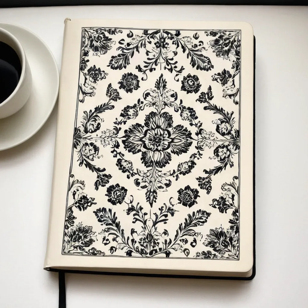 detailed photo of white book with black floral pattern
