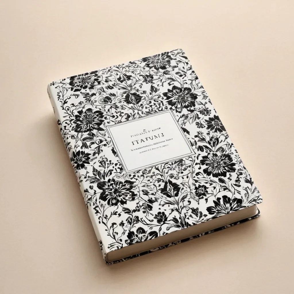 detailed photo of white book with black floral pattern