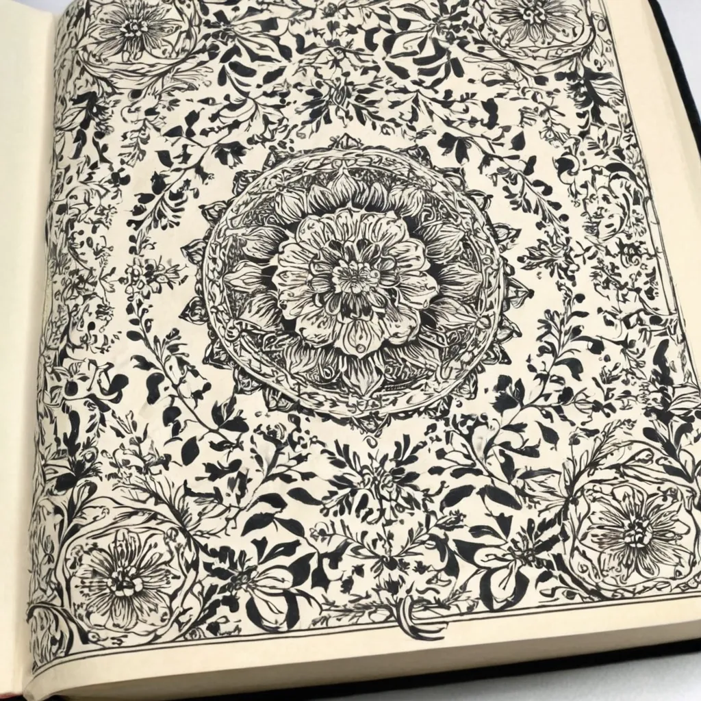 detailed photo of white book with black floral pattern