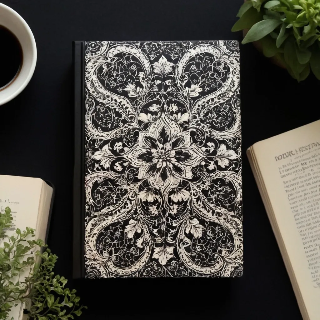 detailed photo of white book with black floral pattern
