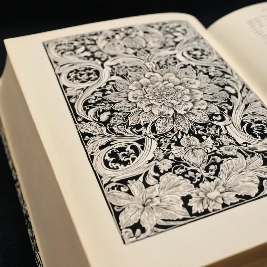 detailed photo of white book with black floral pattern