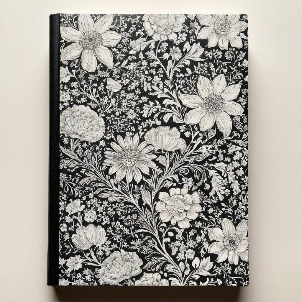 detailed photo of white book with black floral pattern