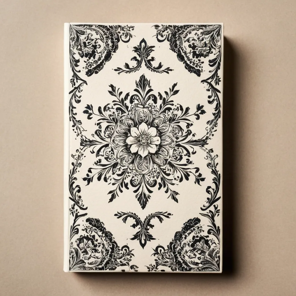 detailed photo of white book with black floral pattern