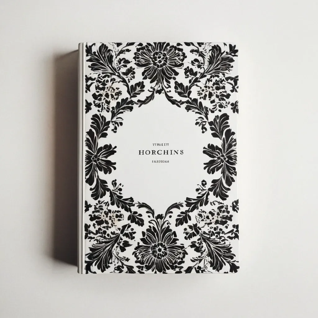 detailed photo of white book with black floral pattern