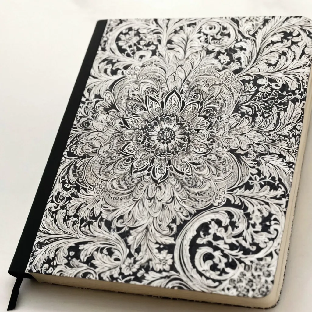 detailed photo of white book with black floral pattern