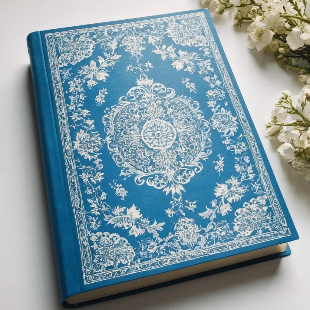 detailed photo of white book with blue floral pattern