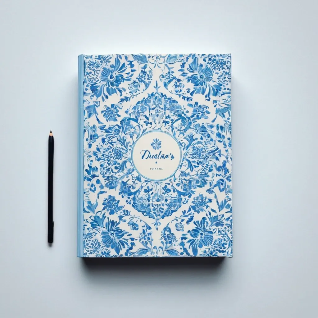 detailed photo of white book with blue floral pattern