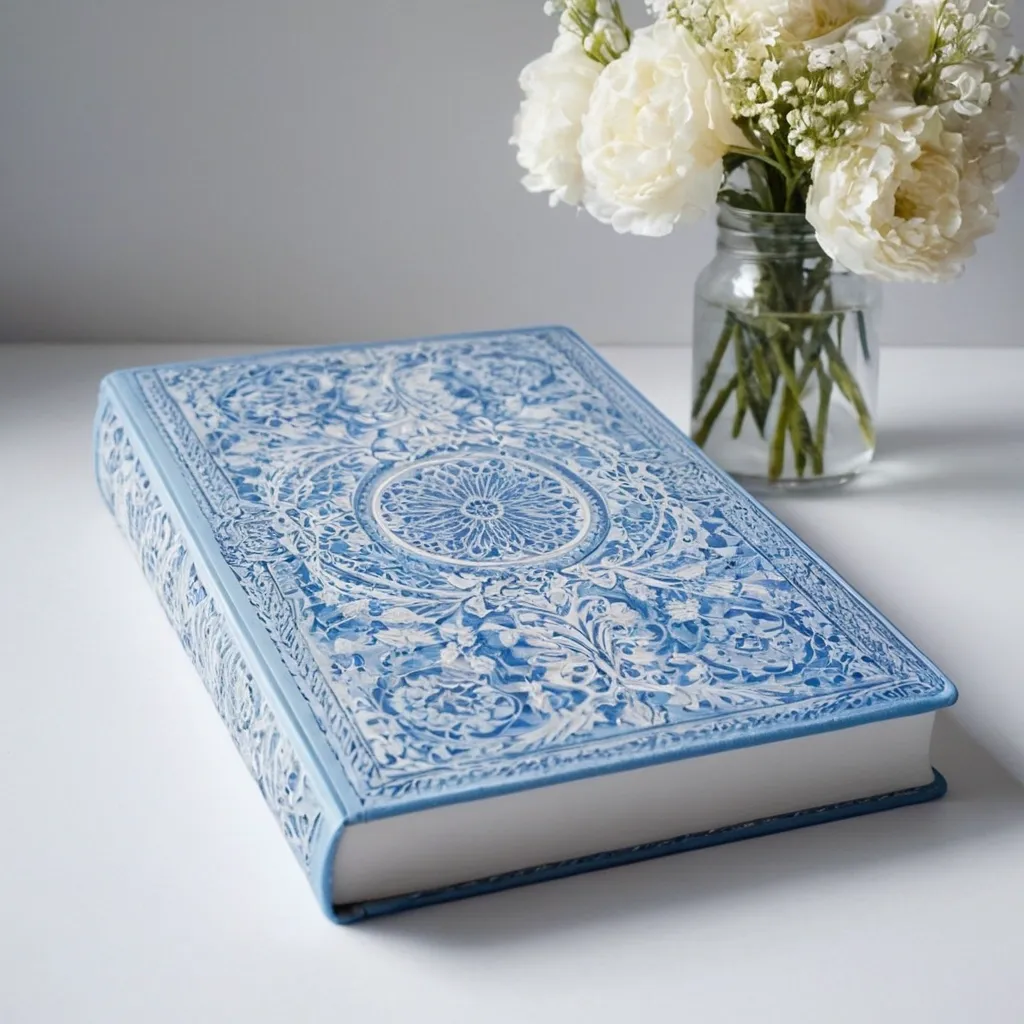 detailed photo of white book with blue floral pattern