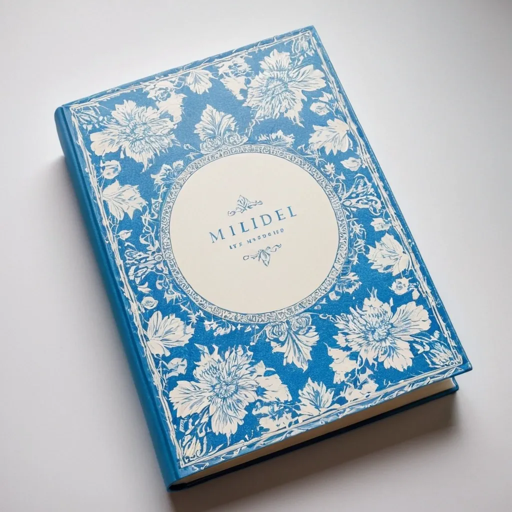 detailed photo of white book with blue floral pattern