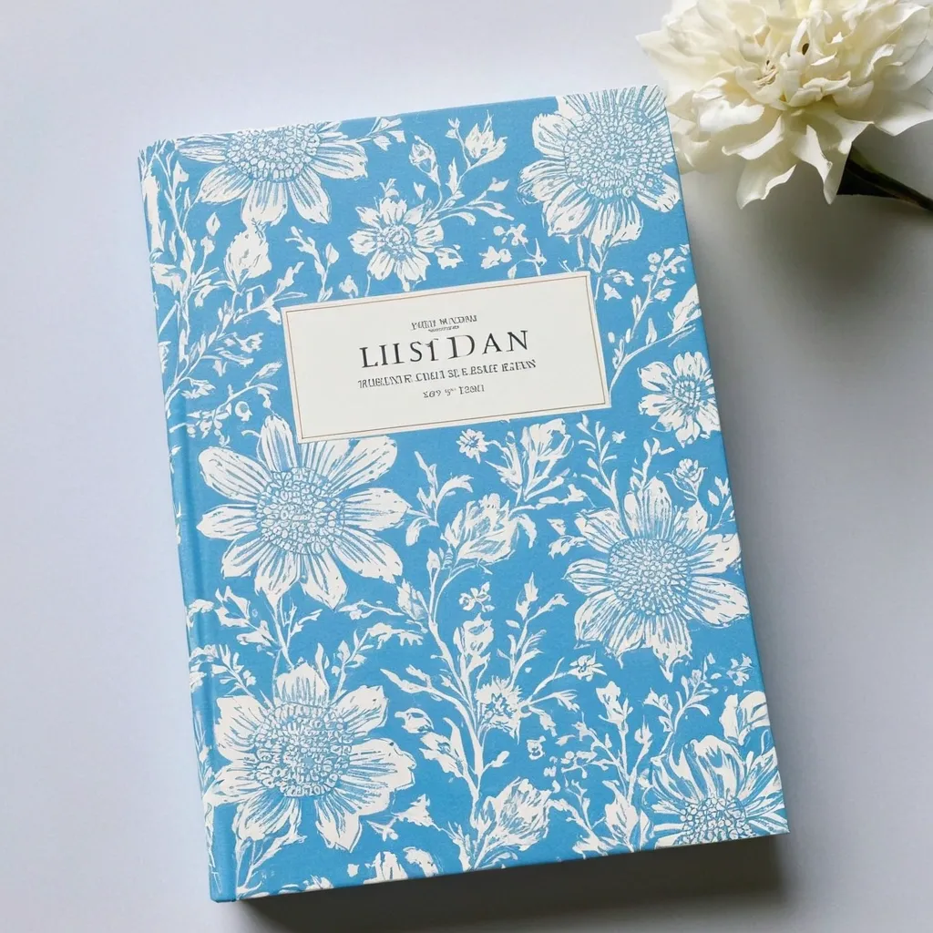 detailed photo of white book with blue floral pattern