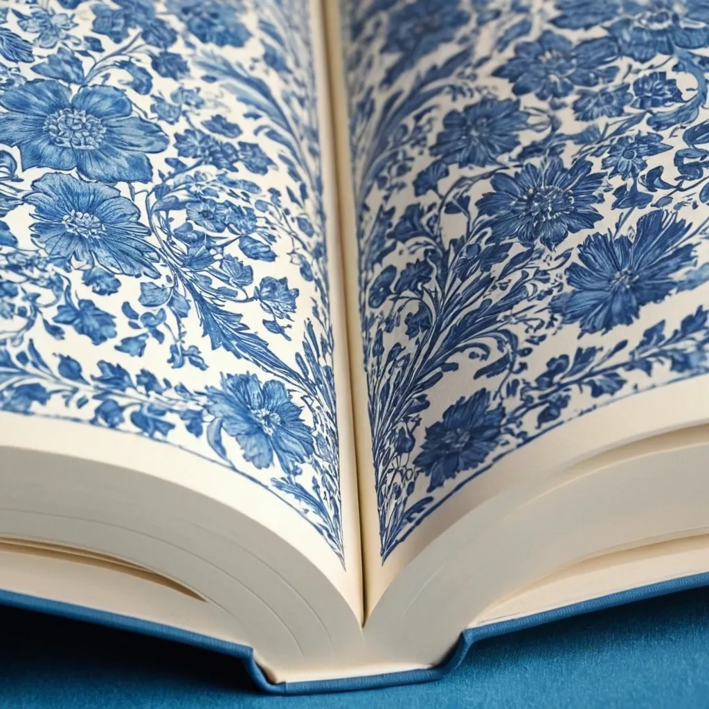 detailed photo of white book with blue floral pattern