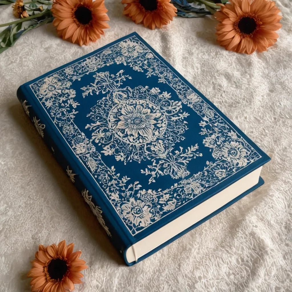 detailed photo of white book with blue floral pattern