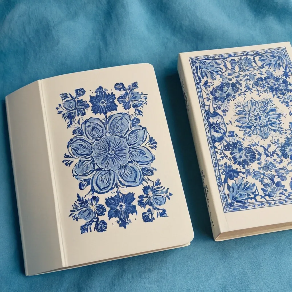 detailed photo of white book with blue floral pattern