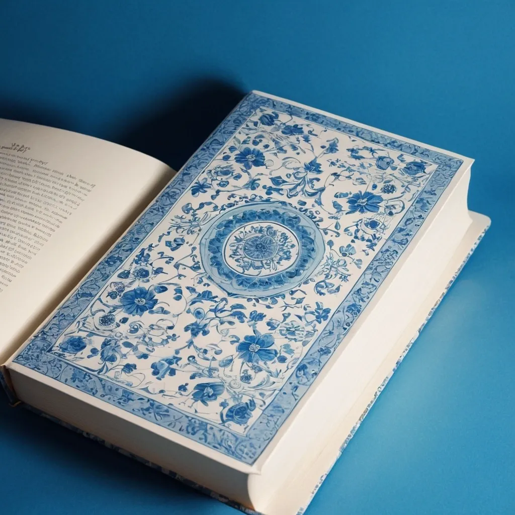 detailed photo of white book with blue floral pattern