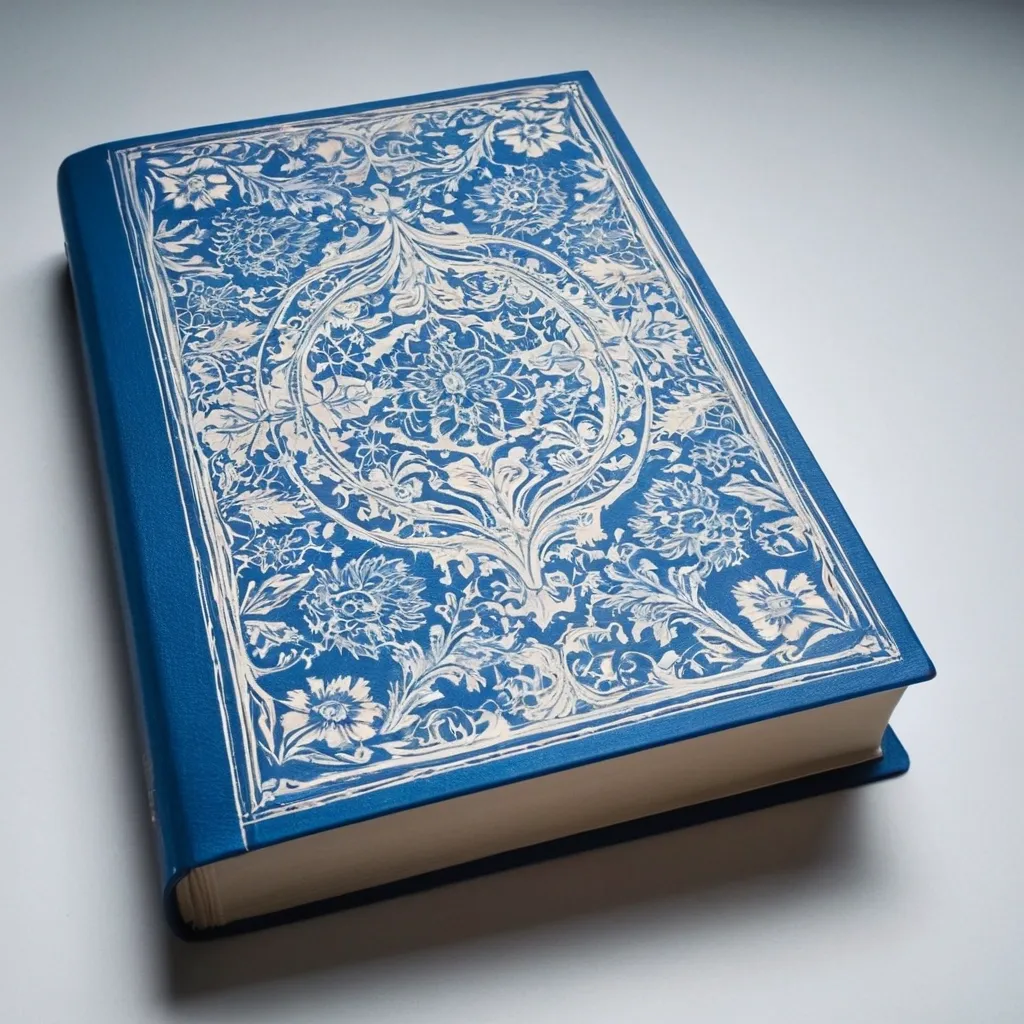 detailed photo of white book with blue floral pattern
