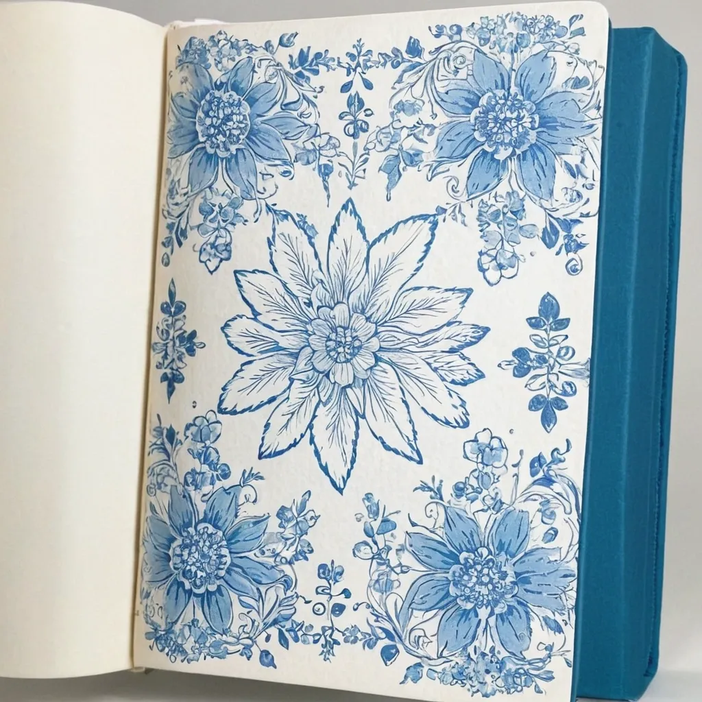 detailed photo of white book with blue floral pattern