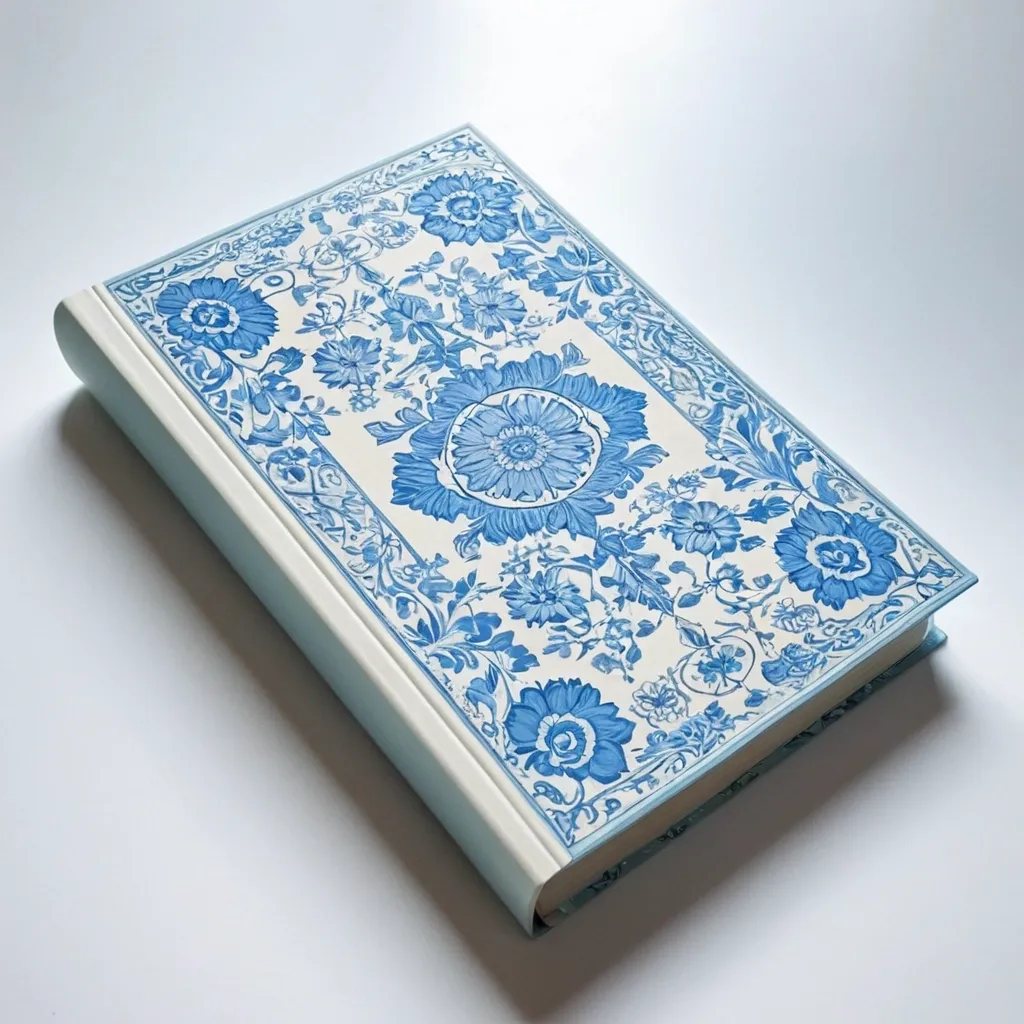 detailed photo of white book with blue floral pattern