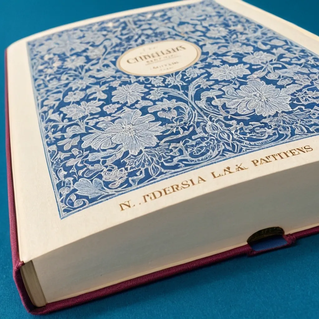 detailed photo of white book with blue floral pattern