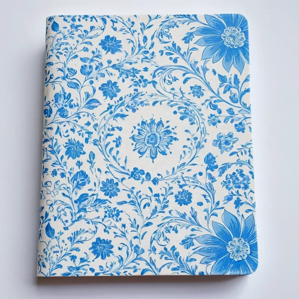 detailed photo of white book with blue floral pattern