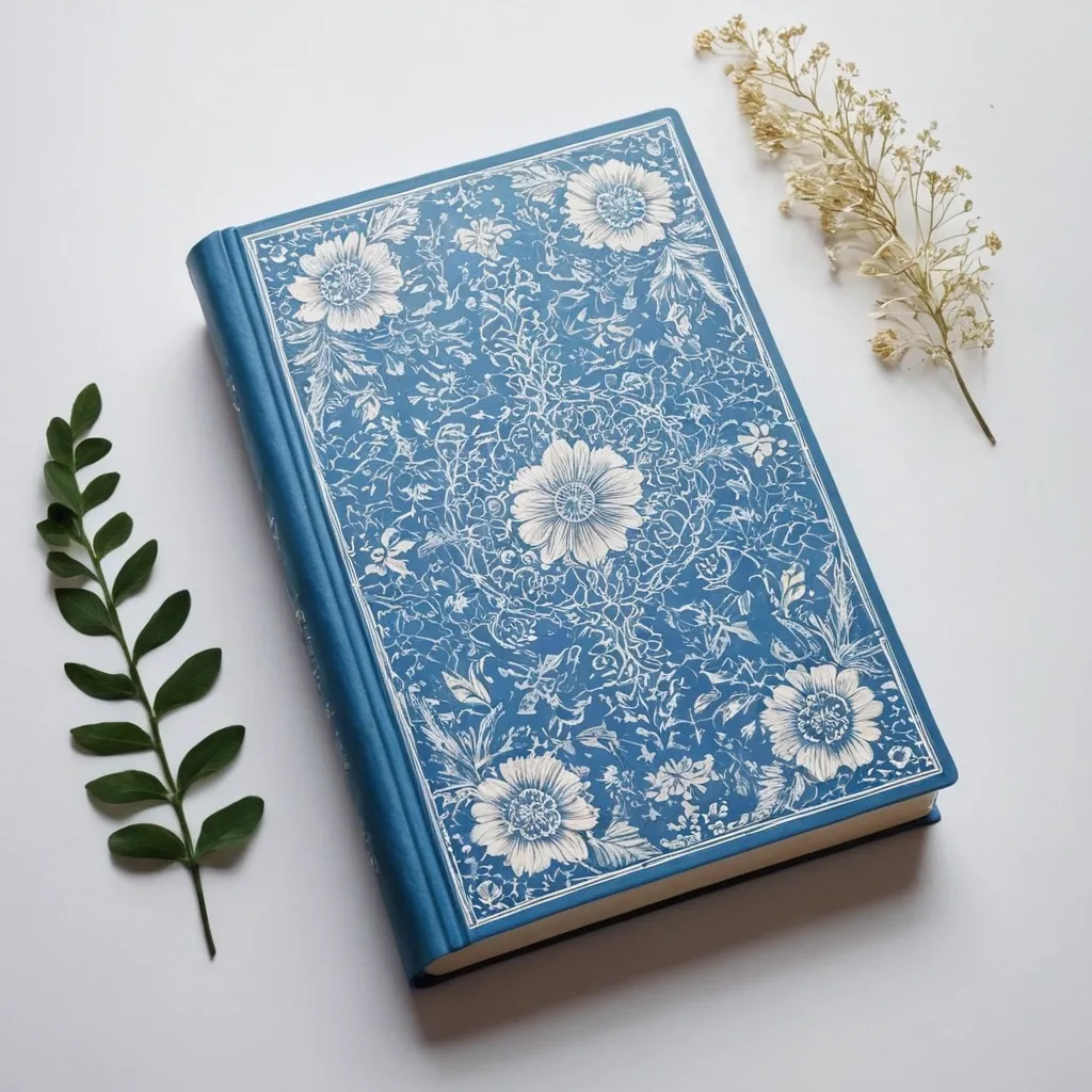 detailed photo of white book with blue floral pattern