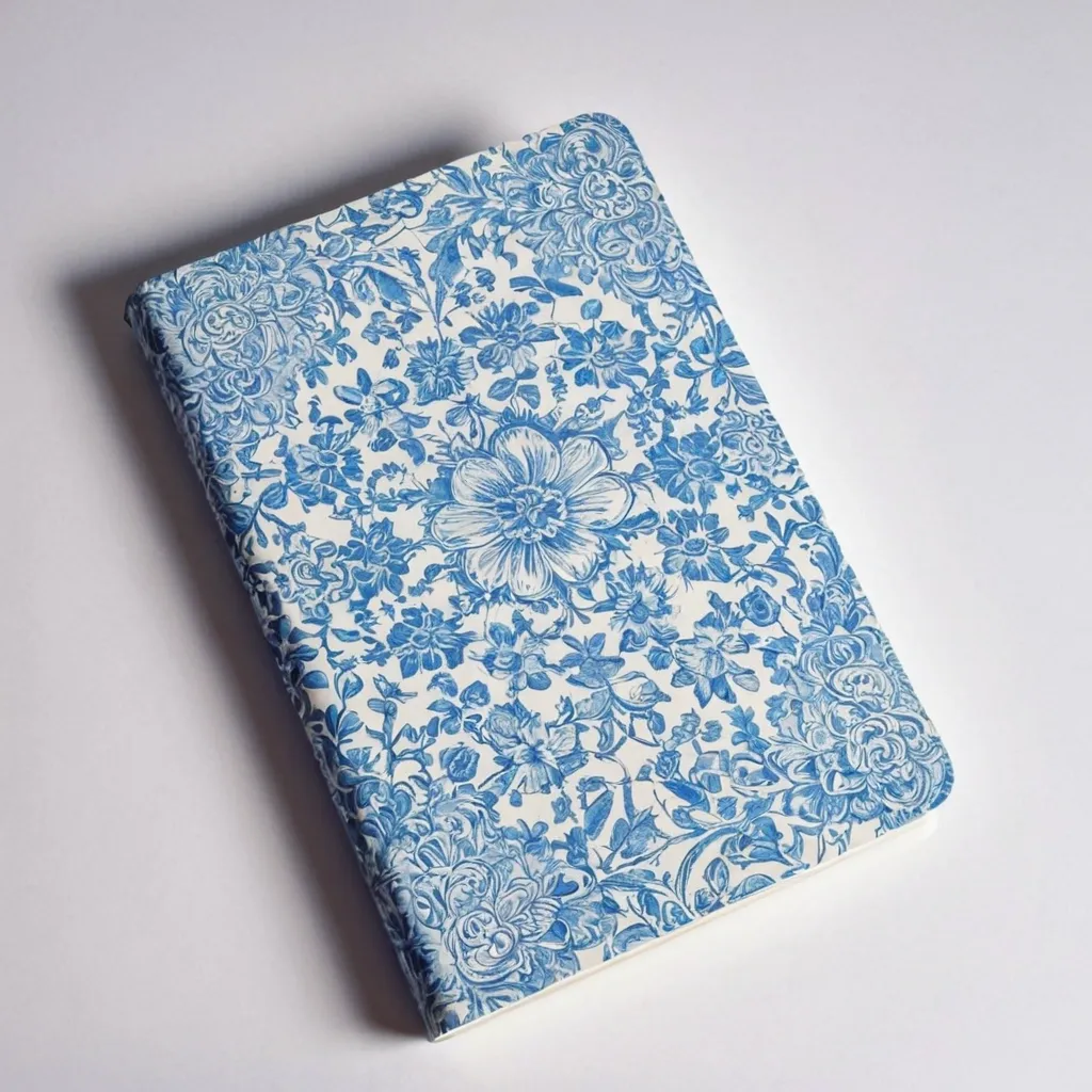 detailed photo of white book with blue floral pattern