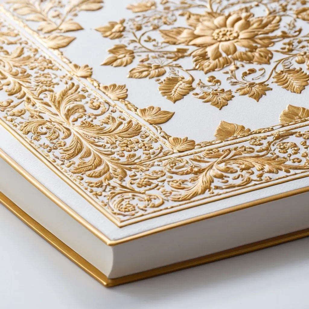 detailed photo of white book with golden floral pattern